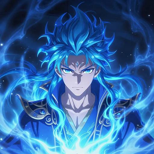 Digital anime artwork of a handsome, blue-haired male character with intense blue eyes, surrounded by glowing blue flames, wearing a dark blue, ornate jacket