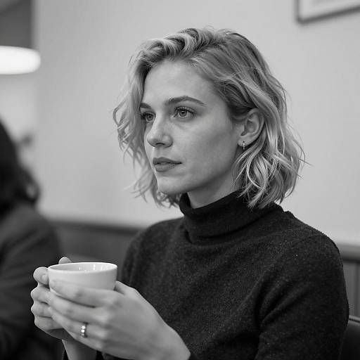 Pensive Woman Holding Coffee Cup in Black and White