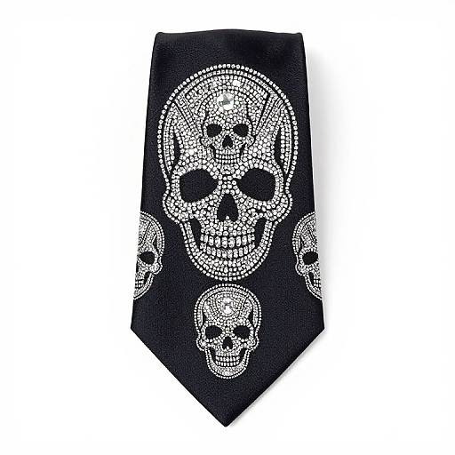 Black tie with large white, diamond-patterned skull designs; three skulls on the front, one on the bottom. Edgy, Gothic-inspired accessory.