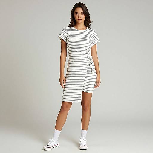 Photograph of a young woman with medium brown skin and dark hair, wearing a white, short-sleeve, striped dress, white socks, and