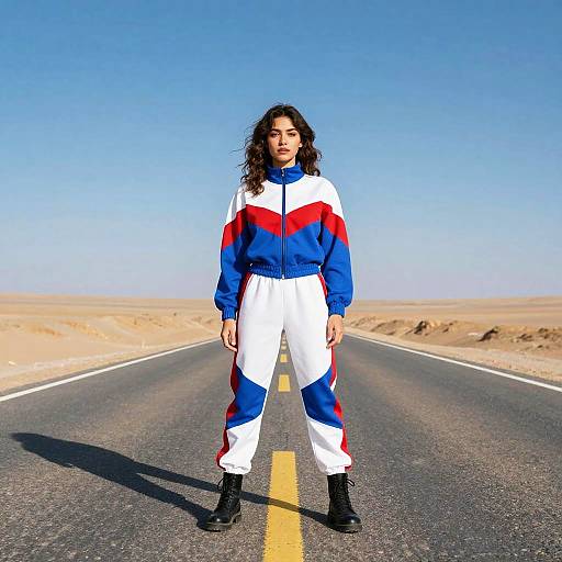 Photograph of a woman with curly hair in a blue, white, and red track suit, standing on a desert road under a clear blue sky.