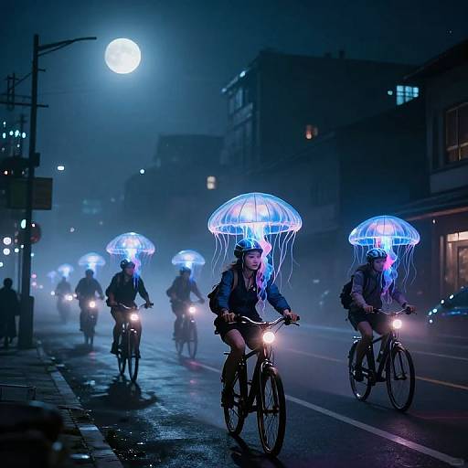 Photograph of a nighttime city street with cyclists wearing glowing blue jellyfish hats, illuminated by a full moon, amidst mist and urban lights.