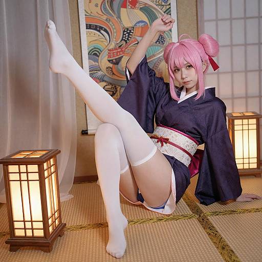 Pink-Haired Anime Cosplayer in Kimono