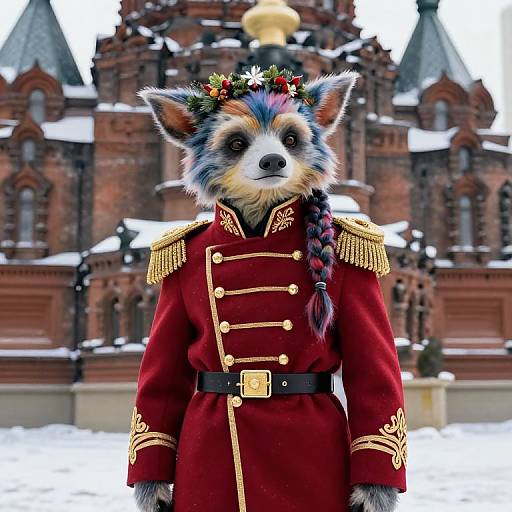 Photorealistic CGI of a raccoon in a red military-style coat with gold epaulettes, black braided hair, floral crown, standing