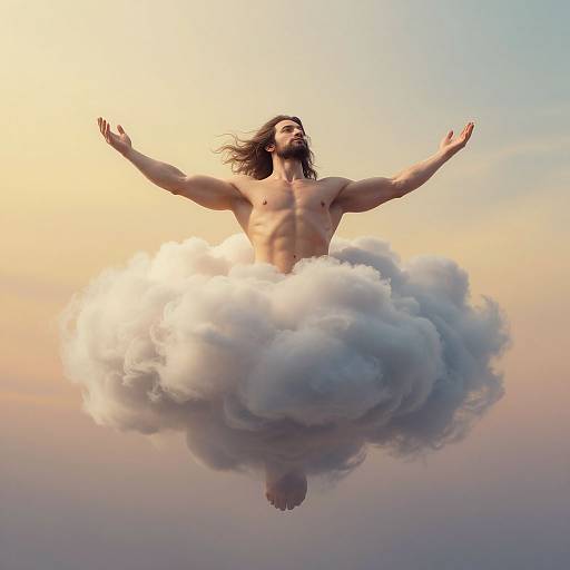 Photograph of a muscular, bearded man with flowing brown hair, floating serenely on a large, white cloud against a pastel sunset sky