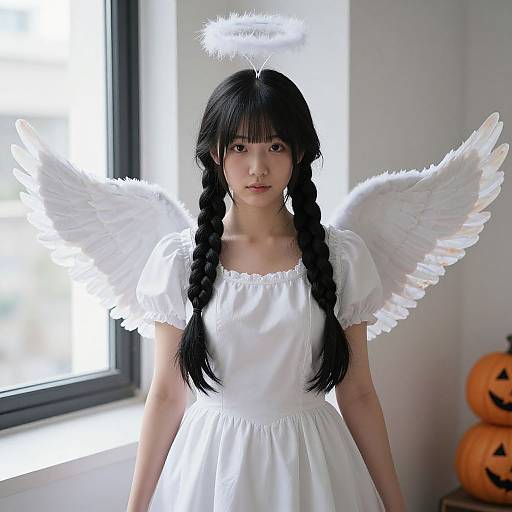 Photograph of an Asian woman with long black braids, white angel wings, halo, and dress, standing by a window with Halloween pumpkins in