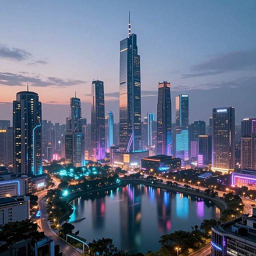 Photograph of a vibrant, neon-lit cityscape at dusk, featuring a reflective river, tall skyscrapers, colorful lights, and a bustling