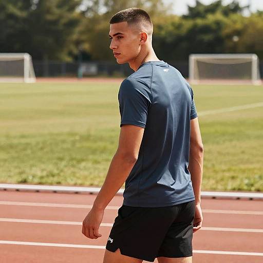 Photograph of a young, athletic man with short dark hair, wearing a navy blue t-shirt and black shorts, standing on a sunny track field with