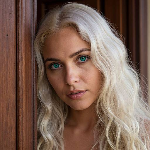 Photograph of a young woman with long, wavy platinum blonde hair and striking blue eyes, standing in a wooden doorway, gazing directly at the