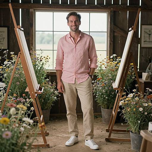 Photograph of a smiling, bearded man in a pink button-up shirt and beige pants, standing between two wooden easels with floral arrangements in a