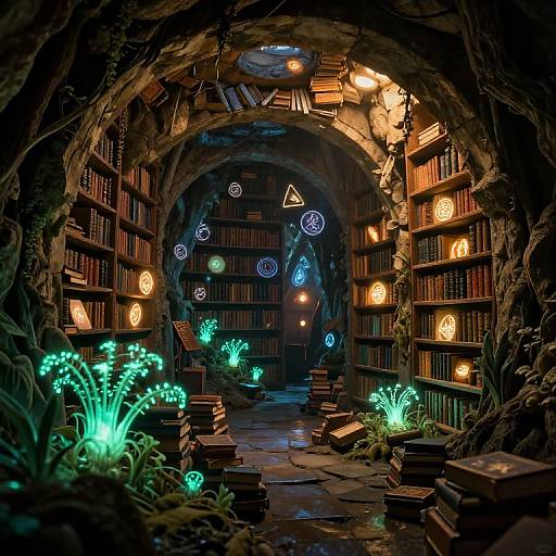 Photograph of a mystical, cave-like library with glowing orbs, neon plants, stacked books, and wooden shelves, illuminated by magical, ethereal lights