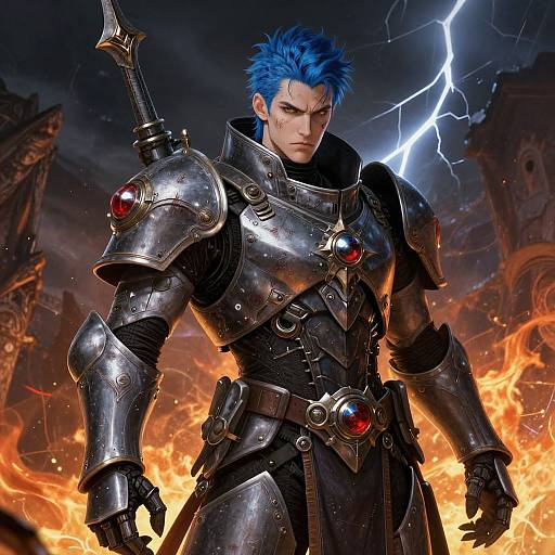 Digital artwork of a blue-haired, stern-looking armored warrior with red gem accents, standing amidst flames and lightning, with a dark, stormy sky background