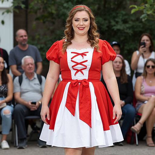 Photograph of a smiling woman with curly brown hair, wearing a red and white pinafore dress with red lace-up front, standing in front of