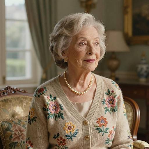 Photograph of an elderly woman with short gray hair, wearing a cream floral cardigan, pearl necklace, and earrings, seated in a sunlit,
