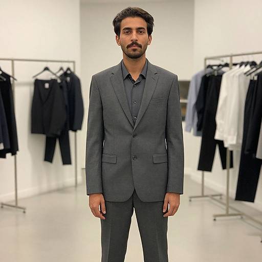 Photograph of a handsome, bearded man with medium skin tone, wearing a dark gray suit, standing in a modern, brightly lit clothing store with