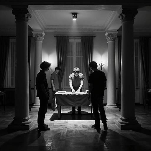 Dimly Lit Room with Four Columns and Silhouetted Figures