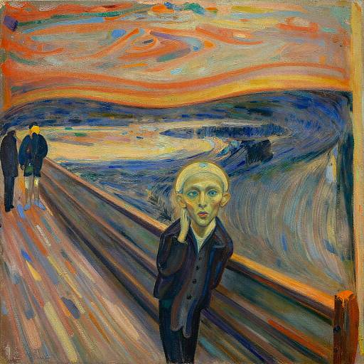 Expressionist painting of a melancholic woman with pale skin and blond hair, wearing a dark coat, standing on a swirling, colorful, railway track with