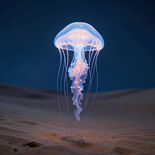 Photograph of a glowing blue jellyfish with translucent, frilled bell and long, trailing tentacles, floating above a sandy ocean floor against a dark