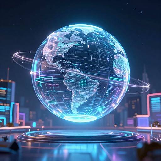 Digital CGI of a glowing, neon-lit globe displaying Earth's continents, with orbiting rings, set against a futuristic cityscape at night.