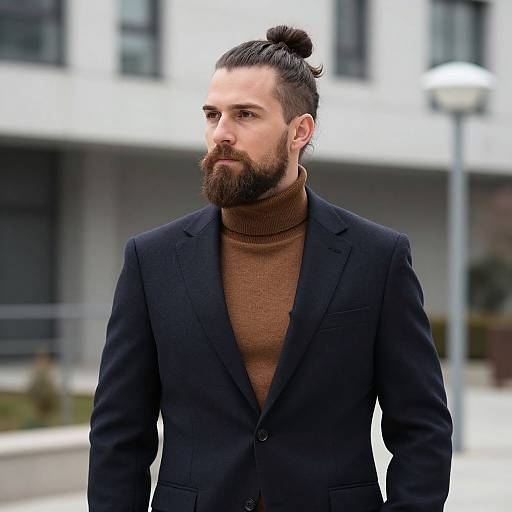 Photograph of a bearded man with a top knot, wearing a black blazer and brown turtleneck, standing outdoors in front of a modern