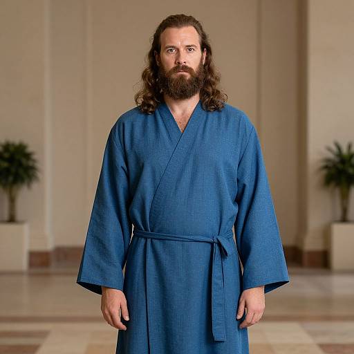 Photograph of a bearded man with long brown hair, wearing a blue bathrobe, standing in a spacious, beige-walled room with potted