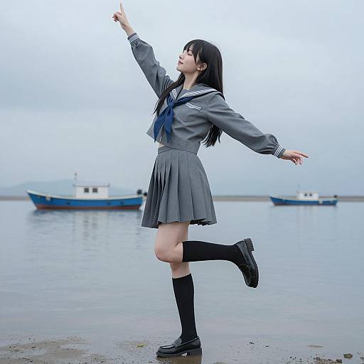 Dynamic Pose of Asian Schoolgirl in Uniform