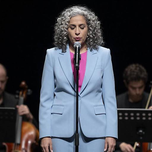 Elegant Woman at Microphone in Blue Suit
