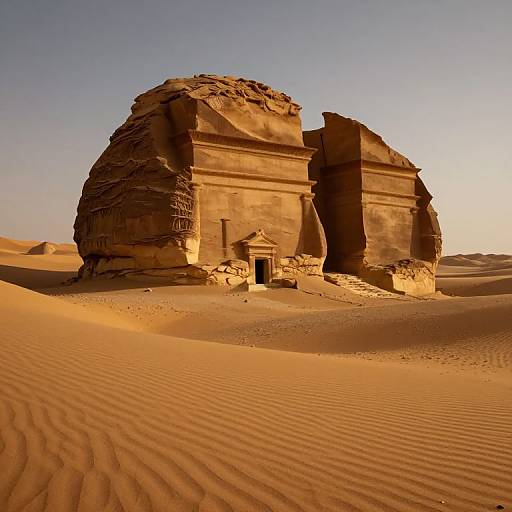 Photograph of a massive, sunlit sandstone rock formation with a small, shadowed entrance in a vast, rippled desert landscape.