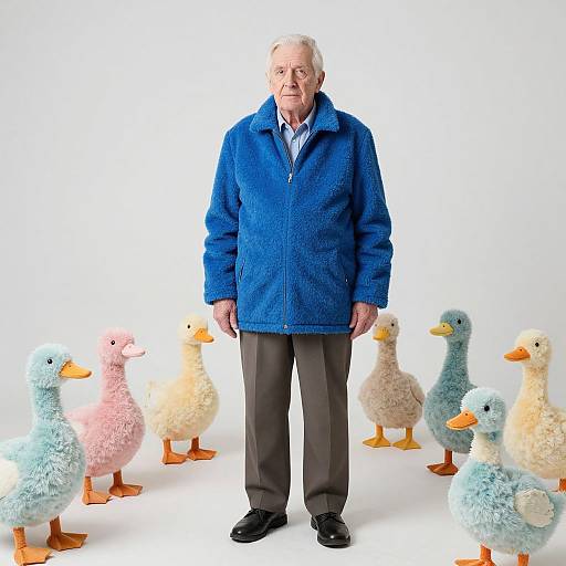 Elderly Man Among Pastel Plush Ducks