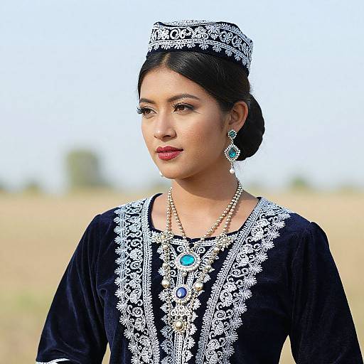 Photograph of a South Asian woman with dark hair in an elegant black embroidered dress and matching headpiece, wearing blue gemstone jewelry, set against a
