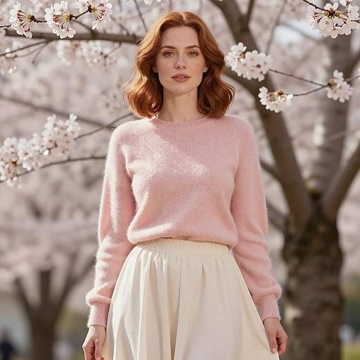 Photograph of a red-haired woman with fair skin wearing a pink sweater and white skirt, standing in front of blooming cherry blossoms.