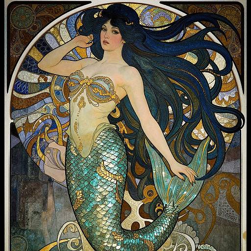 Digital art of a fair-skinned mermaid with long blue hair, gold and teal scales, and ornate golden top, set against a vibrant,