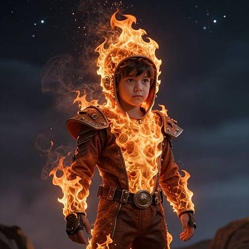 Photograph-like digital art of a young boy with fiery flames engulfing his brown leather outfit and head, set against a starry night sky. He