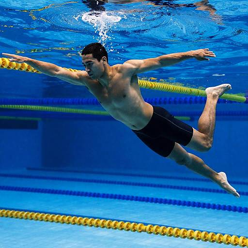 Underwater male swimmer in black trunks