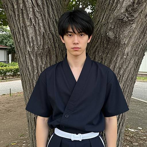 Photograph of an East Asian young man with black hair, wearing a black kimono and white belt, standing against a large tree. Background includes a