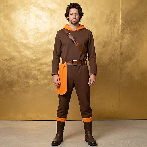 Photograph of a bearded man with curly black hair, wearing a brown medieval-style outfit with orange accents, standing against a golden textured wall.