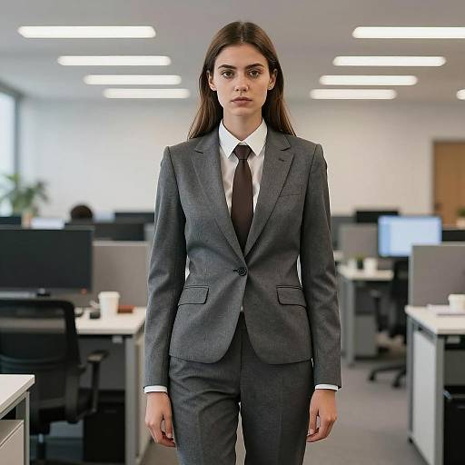 Young Businesswoman in Gray Suit in Office