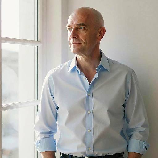 Photograph of a bald, middle-aged man with light skin wearing a light blue, button-up shirt, standing near a sunlit window.