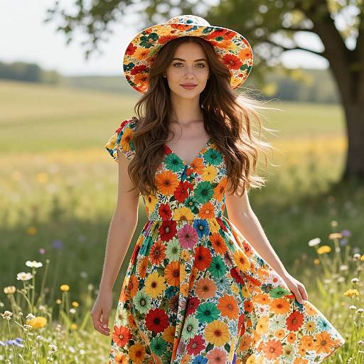 Photograph of a young woman with long brown hair, wearing a vibrant floral dress and wide-brimmed hat, standing in a sunny, blooming