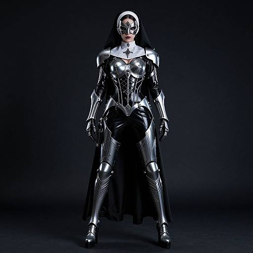 Photograph of a female superhero in shiny black armor, standing confidently against a dark background, wearing a silver mask and red lips.