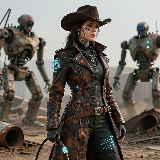 CGI image of a fierce, tattooed woman in a black leather coat and hat, standing confidently in a post-apocalyptic desert, flanked by