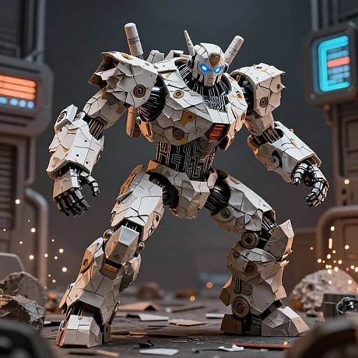 Photorealistic CGI of a white, black-striped, glowing-blue-eyed robot standing in a futuristic, damaged room with sparks and monitors.