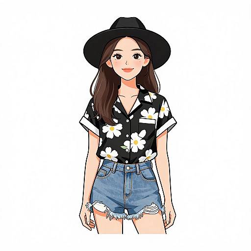 Digital anime-style drawing of a smiling young woman with long brown hair, black hat, black floral shirt, and frayed blue shorts.