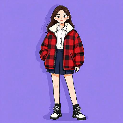 Contemporary Woman in Plaid Puffer Jacket