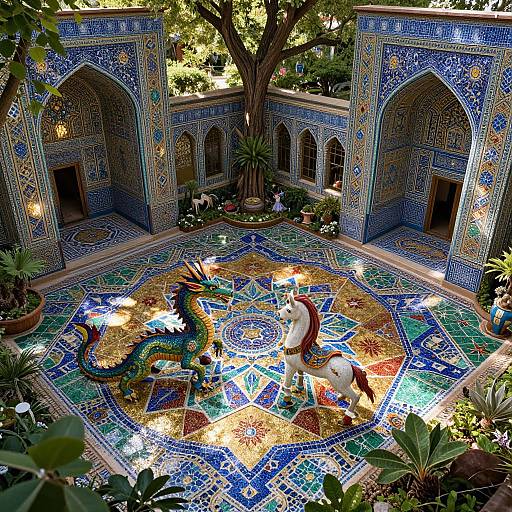 Photograph of a vibrant, intricately tiled courtyard with colorful mosaic patterns, featuring a central dragon and unicorn design, surrounded by arched doors and lush
