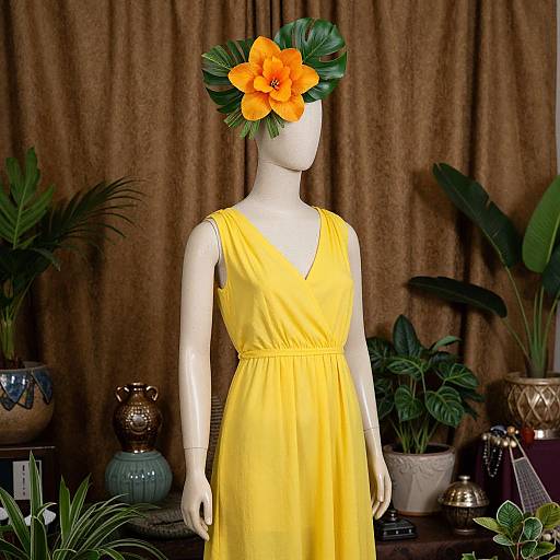 Photograph of a white mannequin wearing a yellow dress, adorned with an orange flower and green leaves in its hair, set against a brown curtain