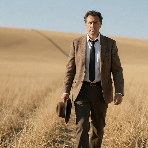 Photograph of a middle-aged man with dark hair, wearing a brown tweed suit, black tie, and white shirt, walking through a golden grass