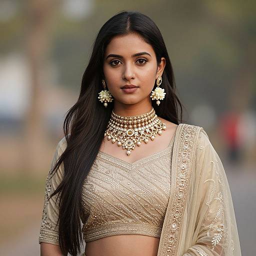 Photograph of an Indian woman with long black hair, wearing a gold embroidered crop top, sheer dupatta, and intricate jewelry, standing outdoors with a