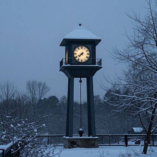Photograph of a snow-covered, black, four-sided clock tower with a glowing face, standing on a snowy path, surrounded by bare trees and a