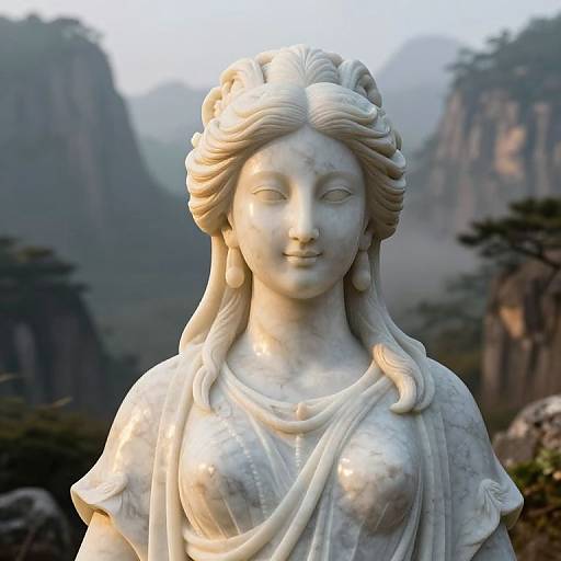 Photograph of a serene white marble statue of a smiling woman with flowing hair and draped clothing, set against a misty mountainous landscape.